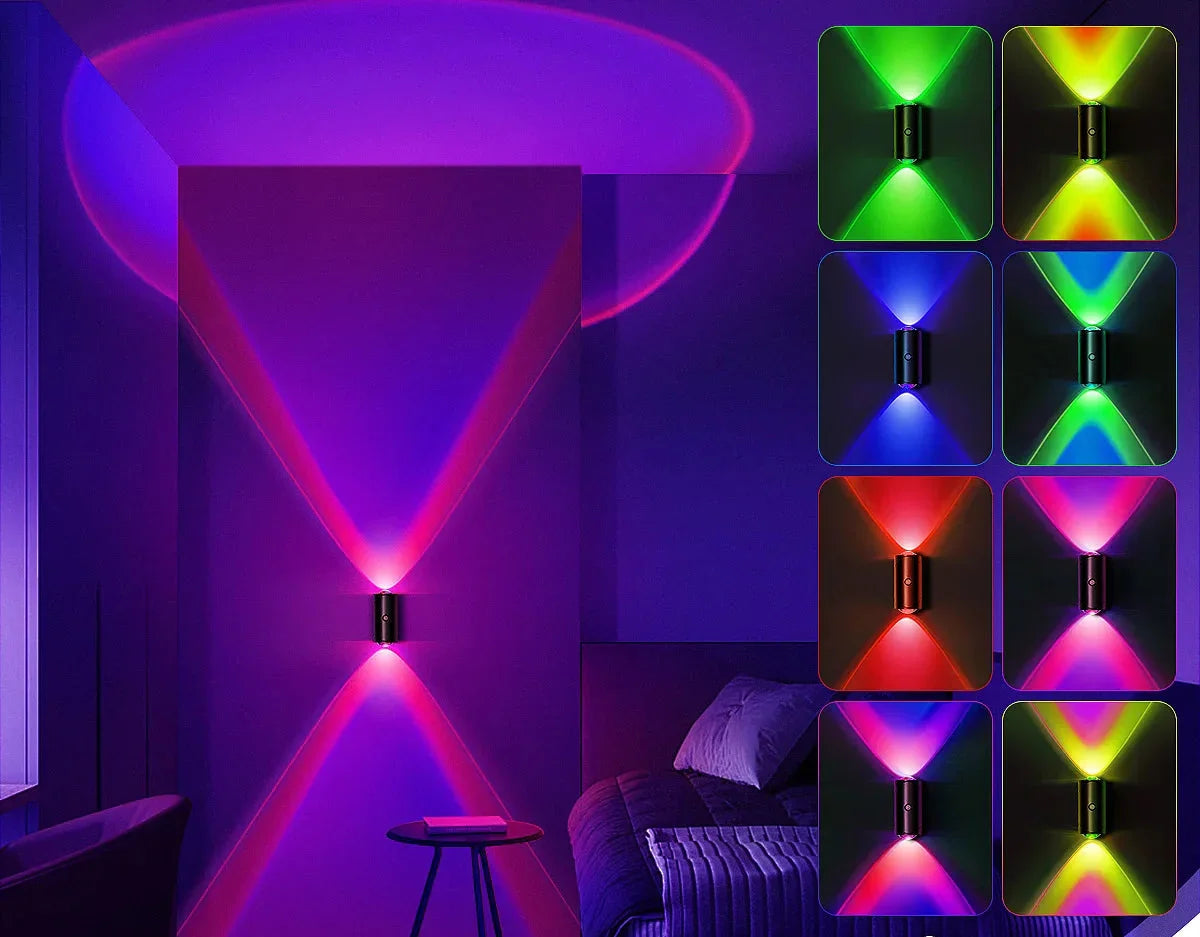 LED light projector with colorful lighting effects on a wall and floor.